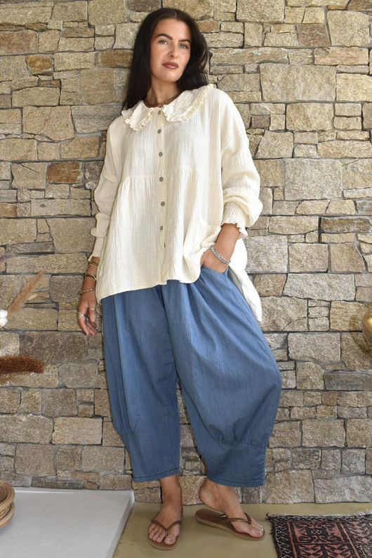 Annie Cushion Cotton Peter Pan Smock Blouse Panna Cotta